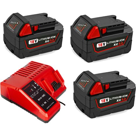 3X Battery & charger for Milwaukee 18V 5000mAh 48-11-1828 48-11-1840 C18B M18BX Li18 M18B4 M18 XC and Milwaukee Charger m18 48-59-1812 48-59-1807 48-59-1806 48-59-1840 2710-20 (1/5)