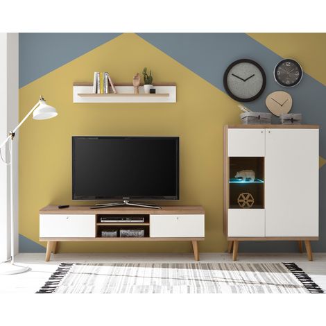 Retro Wohnwand mit Vitrinen-Highboard MAINZ-61 weiß matt mit Eiche Riviera Nb. B/H/T ca. 260x160x40cm (1/5)