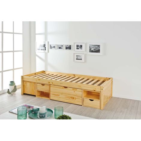 Lit simple Multifonction Lit avec rangements Lit fonctionnel Avec table de chevet 3 tiroirs 2 niches Bois massif Avec sommier Nature 90 x 200 cm (1/5)