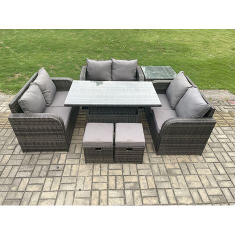 Fimous Rattan Garden Outdoor Furniture 3 PC Love Sofa Set Patio Adjustable Rising lifting Dining Table With Side Table 2 Small Footstools (1/5)