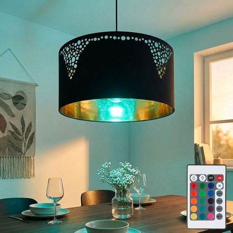 Lampada a sospensione a LED dimmerabile con telecomando lampada a sospensione nero tavolo da pranzo color oro lampada rotonda per soggiorno, cambio colore RGB, metallo tessile nero, 4W 470 lm bianco c (1/5)