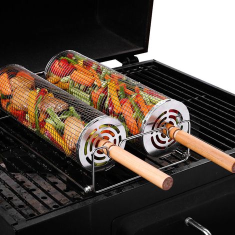 Juego de 2 cestas rodantes para asar a la parrilla al aire libre, ideales para verduras, patatas fritas, carne, pescado y gambas.