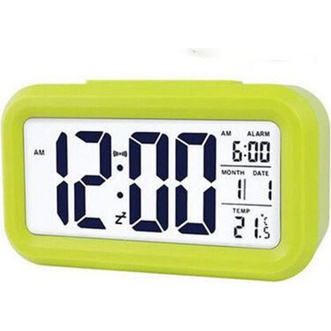 Despertador Digital - Pantalla Led Grande - Hora Fecha Temperatura Ambiente - Función Snooze - Ajuste Automático Brillo - Pilas AA - Verde (1/5)