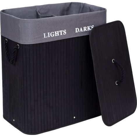 Cesto de ropa de bambú, 2 compartimentos, negro FSC