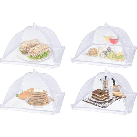 Lot de 4 couvre-plats anti-mouches 17x17 pouces, housses alimentaires en nylon pliables réutilisables, protection insectes pour pique-nique barbecue et fêtes, blanc