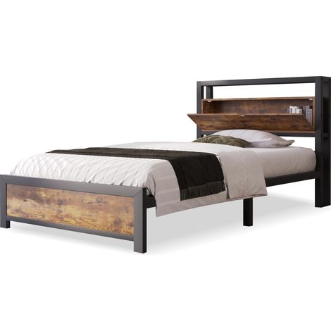 Einzelbett 90 x 200 cm aus Metall und Holz, mit Stauraum-Kopfteil, 1 Platz, ohne Matratze, Natur (1/5)