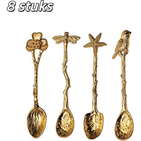 Lot de 8 cuillères à café vintage – Cuillères à dessert et confiture en alliage de zinc gravé – Finition dorée (1/5)