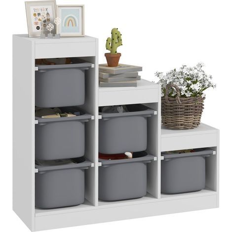 Meuble de rangement pour jouets des enfants avec 6 bacs amovibles, 3 niveaux de rangement, 96 x 38,5 x 90, gris