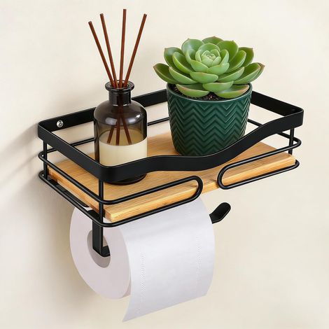 1 Porte Papier Toilette avec étagère Bambou, Support Métal Noir, Fixation Adhésive ou Vis, Pour Salle de Bain (1/5)