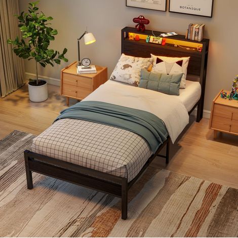 Letto 90x200 cm in metallo con contenitore, USB, LED e testiera con mensola, nero HAVRYA (1/5)