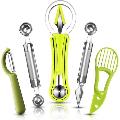 Set di 5 cucchiai per melone, cucchiaio da frutta 4 in 1 in acciaio inossidabile con contenitore per piante (1/5)
