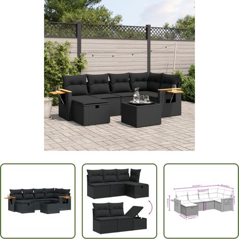 vidaXL Canapé en résine - Salon de jardin 7 pcs avec coussins noir résine tressée (1/5)