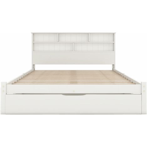 Cama doble 140 x 200 cm blanca con cajones y cabecero librería en pino y MDF (1/5)