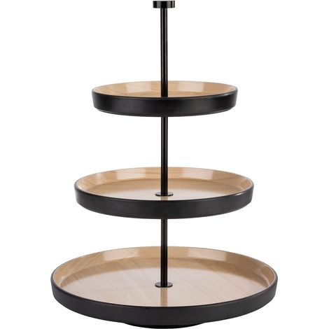 Étagère à 3 niveaux, 1 structure en inox (noir), 3 bols en mélamine quasi incassable, Ø 20/25/32 cm, hauteur 43 cm (1/5)