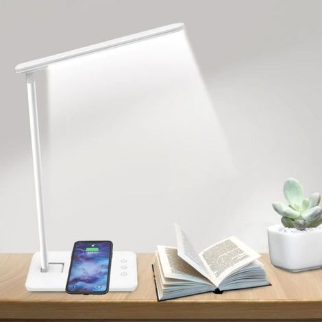 DBBEGK PRUMYA lampe de bureau LED 10W avec Chargeur Sans Fil 3 Niveaux Luminosité Lampe de table Réglable et Pliable Eye Protect