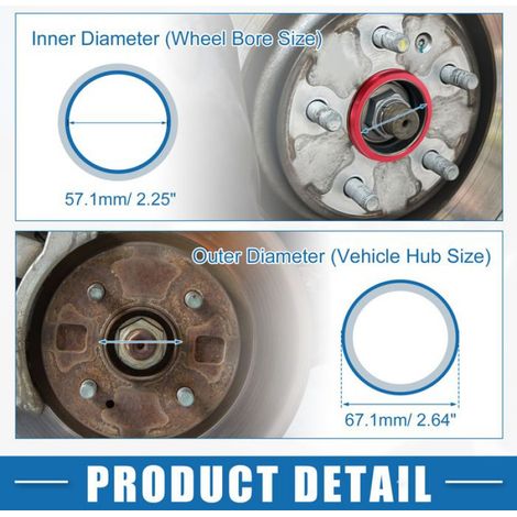 Bague de moyeu de roue Bagues Voiture OD 67,1 mm Vers ID 54,1 mm Bagues Centrage Alliage aluminium Rouge 4pcs (1/5)