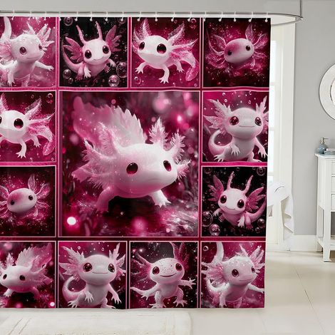 Rideau Douche 180x200cm Axolotl Cartoon Rideaux de Douche Vie Marine Océanique Rideau de Baignoire Animal Océanique Rideaux Salle de Bain Salamandre Faune Dessin Animé - 180L X 200H cm (1 Panneaux) (1/5)
