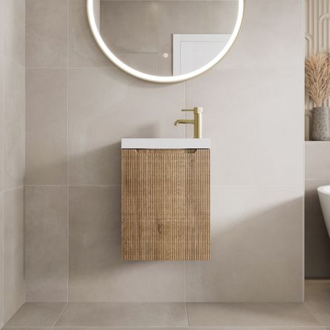 400mm Bathroom Cloakroom Vanity Unit Basin Sink Wall Hung Storage Fluted Oak (1/5)