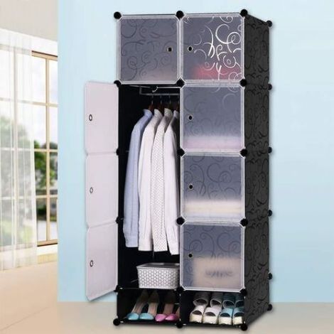 1 Armoire modulaire, étagère de rangement, meuble en plastique noir, compartiment à chaussures, salon chambre (1/5)
