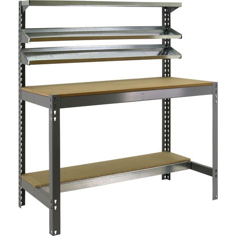SimonRack Etabli d’Atelier avec 3 Étagères Supérieures, Capacité de Charge 600 kg, 1445x1210x610 mm, Table de Travail Bricolage, Gris/Bois - Bt-1 (1/5)
