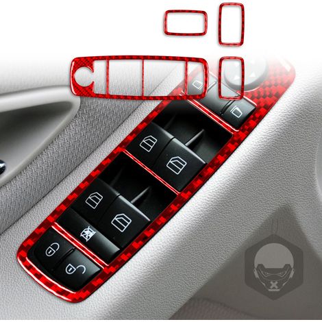 (Rouge) Compatible avec Mercedes-Benz Classe B W245 (2005-2011) - Accessoires : Garniture adhésive décorative en fibre de carbone pour boutons de lève-vitre (1/5)