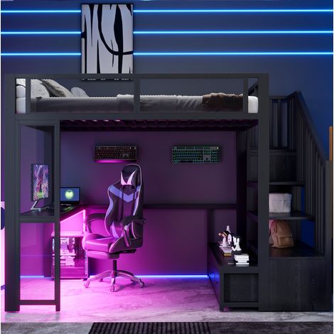 Litera infantil 140x200 cm con escalera, escritorio, almacenaje, LED y USB, metal negro OKWISH (1/5)