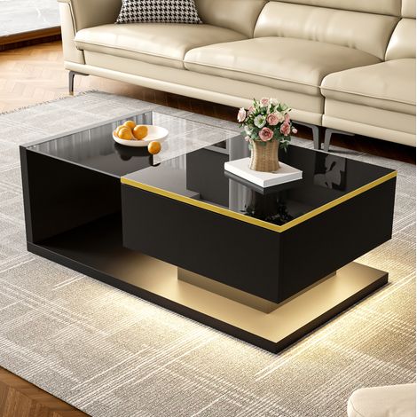 Mesa de centro fija 90 x 50 x 32,5 cm de paneles de madera negros, con almacenaje FloraGrace (1/5)