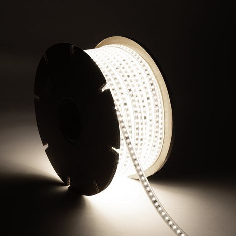 Ruban LED Dimmable 220V SMD Auto-redressement 120 LED/m BOBINE 50m 10W/m 1000lm/m Largeur 12mm Coupe 10cm IP65 6000K Blanc froid