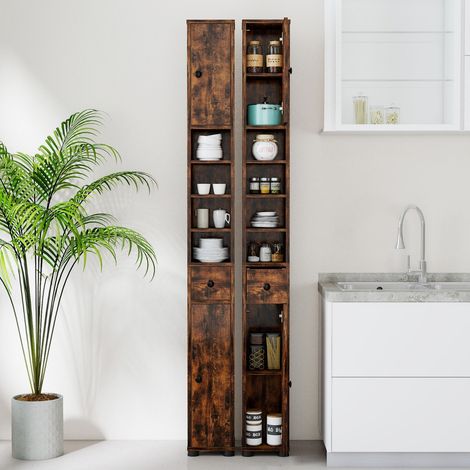 Armoire de Salle de Bain Haute et Mince Meuble Colonne avec 1 Tiroir Placard à Étagères Ajustables Café (1/2)