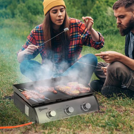 Gasgrill mit 3 Brennern, Schlauch, Antihaft-Grillplatte, Edelstahl, Farbe: Silber, 63 x 48 x 21 cm