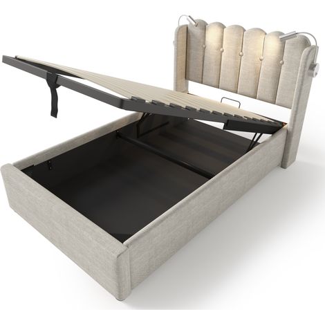 Cama con canapé 90x200 en lino con luz de lectura y puertos USB, cabecero acolchado, natural (1/5)