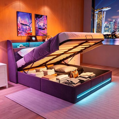 FOERPL-Großes Bett 140 x 190 cm mit Stauraum, LED-Beleuchtung und USB-Anschluss, gepolstertes Bettgestell 140 x 190 cm mit hydraulischem Stauraum und Lattenrost, gepolstertes Kopfteil mit Stauraum, Do (1/5)