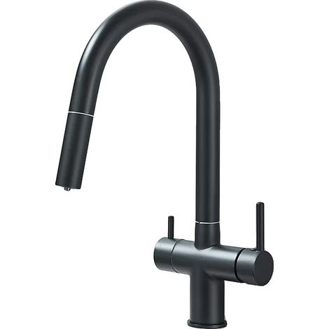 Grifo de cocina con rociador extraíble, diseño de doble manija, color negro. (1/2)