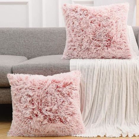Housse de coussin en fausse fourrure, taie d'oreiller 45x45 cm, dégradé rose, lot de 2 pièces pour canapé salon, chambre et voiture (1/4)