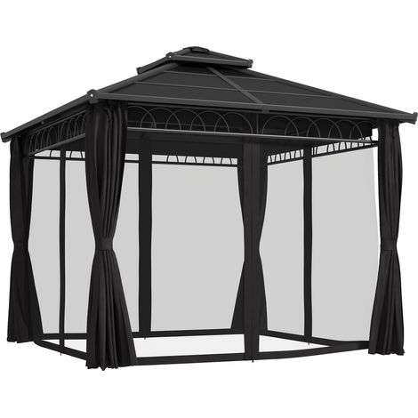 Outsunny 3 x 3 (m) Outdoor Polycarbonate Gazebo, Double Roof Hard Top Gazebo with Galvanised Steel Frame, Nettings & Curtains for Garden, Lawn, Patio and Deck, Dark Grey