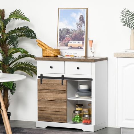 Armoire buffet de ferme pour cuisine et salle à manger blanc - de rangement rustique avec porte de grange (1/4)