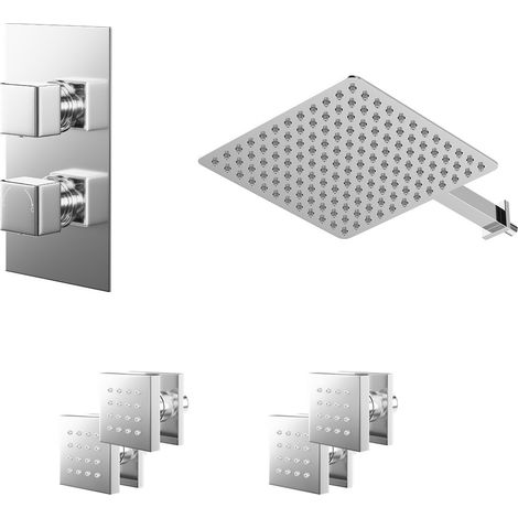 Cubix Polished Chrome Concealed Twin Thermostatic Shower Valve with Diverter and 300mm Square Head with 345mm Wall Arm and 4 Body Jets - 2 Outlet (1/5)