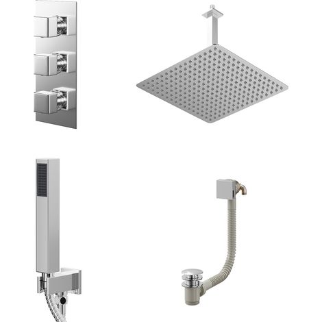 Cubix Polished Chrome Concealed Triple Thermostatic Shower Valve with Diverter and 400mm Square Head with 300mm Ceiling Arm and Outlet Holder with Kit and Free-Flow Bath Filler - 3 Outlet (1/5)