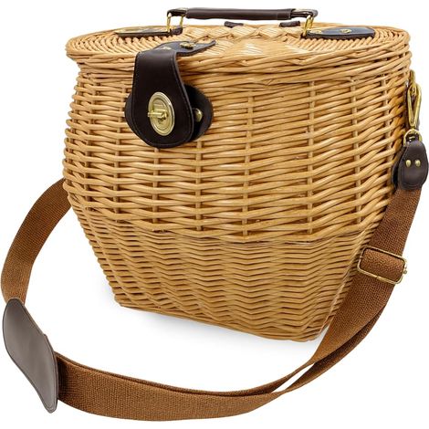 Cesta per funghi in Vimini 31x27x28cm - Gerla con coperchio e tracolla in pelle regolabile (1/5)