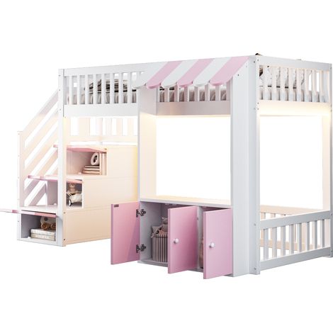 Lit mezzanine bois 90x200cm avec armoire et escalier de rangement, éclairage led multicolore, design avec toit, sommier à lattes inclus, rose et blanc (1/5)