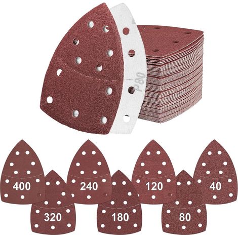 63-Piece Sanding Sheets for Sanders, 11 Holes for Triangular Sanders, Grit 40/80/120/180/240/320/400, 105 x 152 mm, Hook and Loop Sanding Paper, Compatible with Bosch, DeWalt, Delta (1/5)