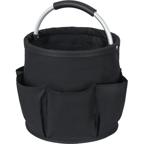 Sac de rangement pliable, panier cylindrique avec 6 poches latérales, sac fourre-tout pour outils, 28 x 28 x 28 cm, 17 L (noir) (1/5)