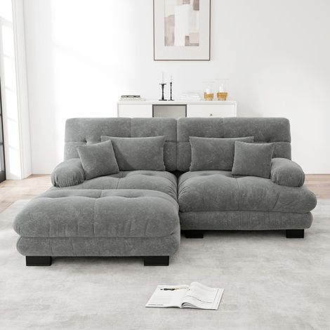 Canapé d'angle Cloud - Canapé double en chenille grise - Large ottomane - Coussin lombaire inclus - 220x145x81cm (1/5)