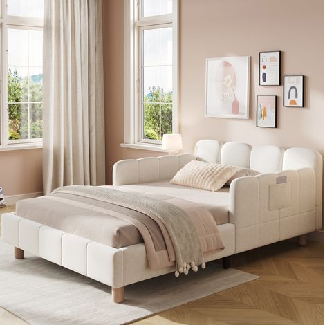 Cama infantil tapizada 90 x 200 cm con cabecero y barandilla anticaídas, terciopelo beige, OKWISH (1/5)