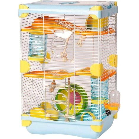 Hamster Cage 2 Levels 42.5cm With Wheel Feeder Drinker Blue (1/4)
