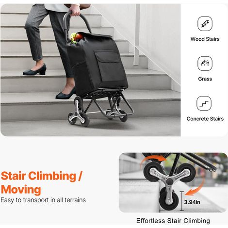 Chariot escalier pliable 36L, diable monte-marches courses linge 6 roues sac tissu Oxford, caddie repliable supermarché maison noir (1/5)