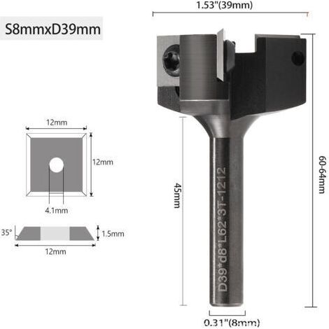 Fraise de 8 mm – diamètre de coupe de 39 mm – plaquette en carbure – longueur de 63,5 mm – pour l'usinage du bois dur (1/3)