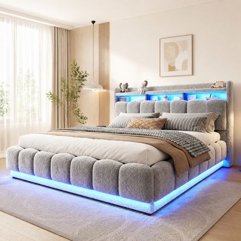Letto contenitore 180x200 in tessuto e metallo, LED, USB, grigio HAVRYA (1/5)
