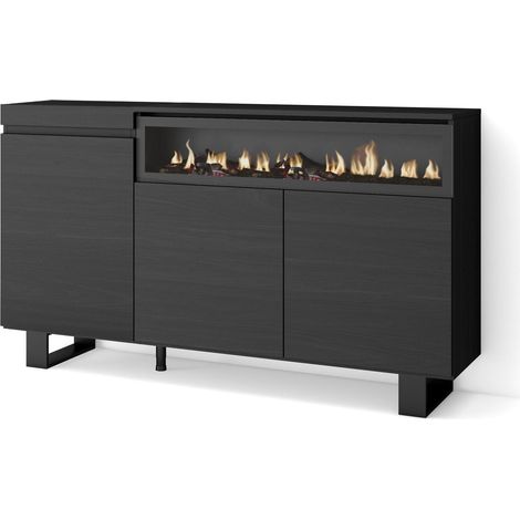 Skraut Home - Buffet salon et cuisine, Meuble de Rangement, Commode, 150x87x35cm, 3 Portes, Cheminée électrique, Design industriel, Style moderne, Noir (1/5)