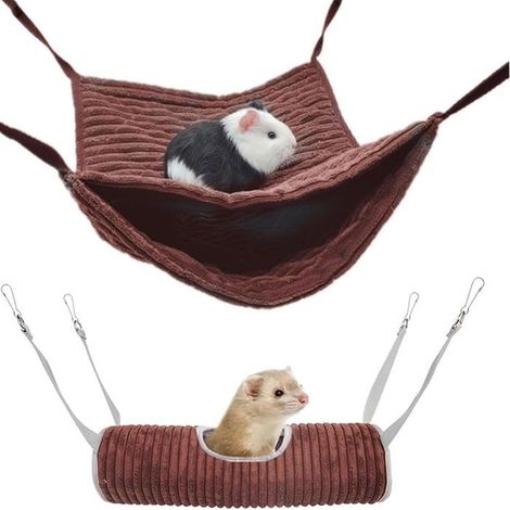 2 hamacs pour petits animaux, tunnel douillet + hamac suspendu, peluche courte, adapté furets, hamsters, rats et écureuils (1/5)
